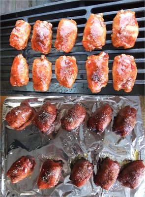 On the grill, and the finished thighs